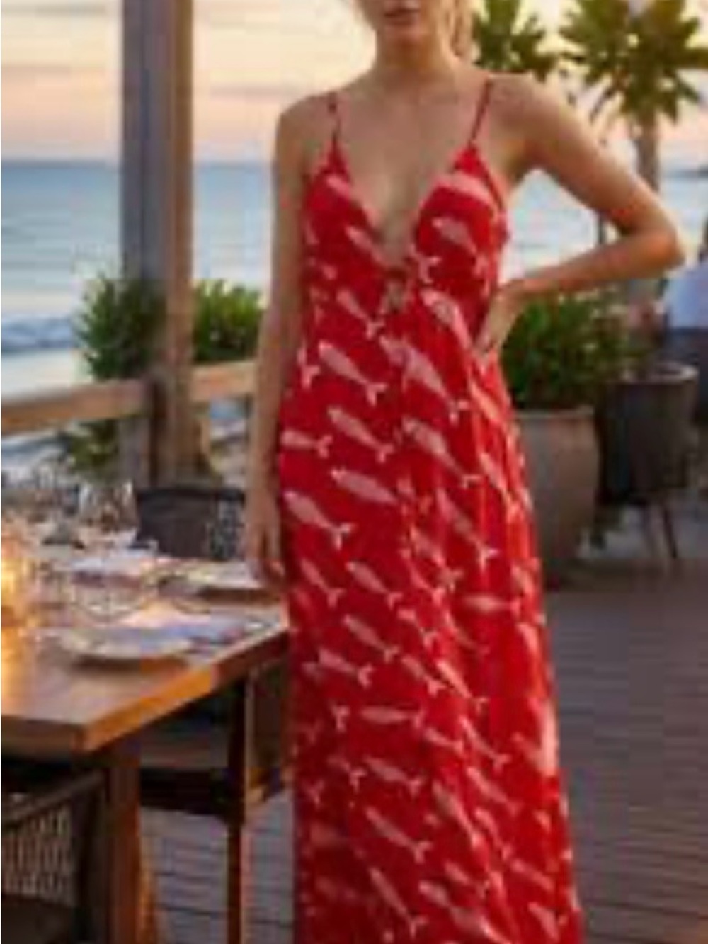 Red Printed Spaghetti-Strap Maxi Dress with V-Neck with fish design